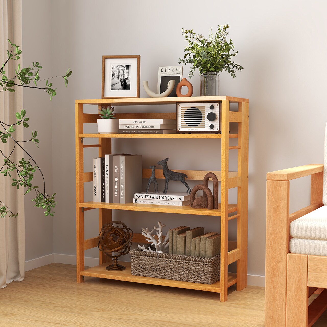 4-Tier Bookshelf Rubber Wood Bookcase with Side Fences for Living Room